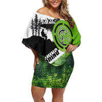 Green and Black Largemouth Bass Fishing Off Shoulder Short Dress Custom Name Design and Angler Silhouette Illustration - Wonder Print Shop