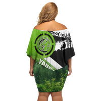 Green and Black Largemouth Bass Fishing Off Shoulder Short Dress Custom Name Design and Angler Silhouette Illustration - Wonder Print Shop