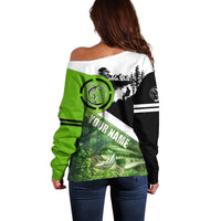 Green and Black Largemouth Bass Fishing Off Shoulder Sweater Custom Name Design and Angler Silhouette Illustration - Wonder Print Shop