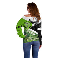 Green and Black Largemouth Bass Fishing Off Shoulder Sweater Custom Name Design and Angler Silhouette Illustration - Wonder Print Shop