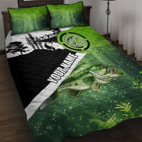 Green and Black Largemouth Bass Fishing Quilt Bed Set Custom Name Design and Angler Silhouette Illustration - Wonder Print Shop