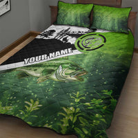 Green and Black Largemouth Bass Fishing Quilt Bed Set Custom Name Design and Angler Silhouette Illustration - Wonder Print Shop