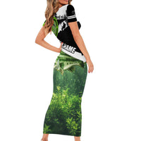 Green and Black Largemouth Bass Fishing Short Sleeve Bodycon Dress Custom Name Design and Angler Silhouette Illustration - Wonder Print Shop