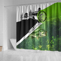 Green and Black Largemouth Bass Fishing Shower Curtain Custom Name Design and Angler Silhouette Illustration - Wonder Print Shop
