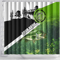 Green and Black Largemouth Bass Fishing Shower Curtain Custom Name Design and Angler Silhouette Illustration - Wonder Print Shop