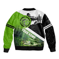 Green and Black Largemouth Bass Fishing Sleeve Zip Bomber Jacket Custom Name Design and Angler Silhouette Illustration - Wonder Print Shop