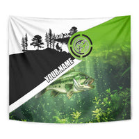 Green and Black Largemouth Bass Fishing Tapestry Custom Name Design and Angler Silhouette Illustration - Wonder Print Shop