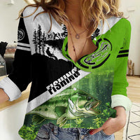 Green and Black Largemouth Bass Fishing Women Casual Shirt Custom Name Design and Angler Silhouette Illustration - Wonder Print Shop