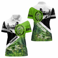 Green and Black Largemouth Bass Fishing Women Polo Shirt Custom Name Design and Angler Silhouette Illustration - Wonder Print Shop