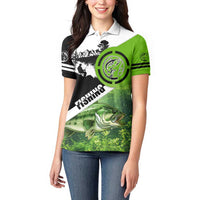 Green and Black Largemouth Bass Fishing Women Polo Shirt Custom Name Design and Angler Silhouette Illustration - Wonder Print Shop