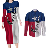 Texas Flag Fishing Couples Matching Long Sleeve Bodycon Dress and Long Sleeve Button Shirt Hook and Fish Illustration and Custom Name Detail - Wonder Print Shop
