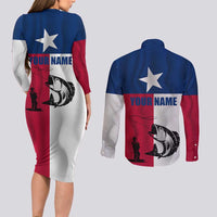 Texas Flag Fishing Couples Matching Long Sleeve Bodycon Dress and Long Sleeve Button Shirt Hook and Fish Illustration and Custom Name Detail - Wonder Print Shop