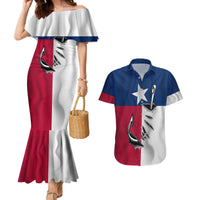 Texas Flag Fishing Couples Matching Mermaid Dress and Hawaiian Shirt Hook and Fish Illustration and Custom Name Detail - Wonder Print Shop