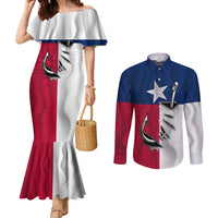 Texas Flag Fishing Couples Matching Mermaid Dress and Long Sleeve Button Shirt Hook and Fish Illustration and Custom Name Detail - Wonder Print Shop