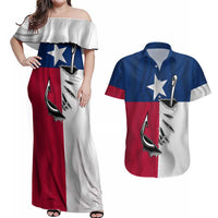 Texas Flag Fishing Couples Matching Off Shoulder Maxi Dress and Hawaiian Shirt Hook and Fish Illustration and Custom Name Detail - Wonder Print Shop