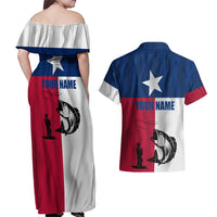 Texas Flag Fishing Couples Matching Off Shoulder Maxi Dress and Hawaiian Shirt Hook and Fish Illustration and Custom Name Detail - Wonder Print Shop
