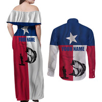 Texas Flag Fishing Couples Matching Off Shoulder Maxi Dress and Long Sleeve Button Shirt Hook and Fish Illustration and Custom Name Detail - Wonder Print Shop