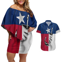 Texas Flag Fishing Couples Matching Off Shoulder Short Dress and Hawaiian Shirt Hook and Fish Illustration and Custom Name Detail - Wonder Print Shop