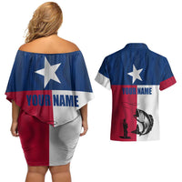 Texas Flag Fishing Couples Matching Off Shoulder Short Dress and Hawaiian Shirt Hook and Fish Illustration and Custom Name Detail - Wonder Print Shop