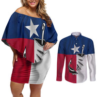 Texas Flag Fishing Couples Matching Off Shoulder Short Dress and Long Sleeve Button Shirt Hook and Fish Illustration and Custom Name Detail - Wonder Print Shop