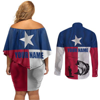 Texas Flag Fishing Couples Matching Off Shoulder Short Dress and Long Sleeve Button Shirt Hook and Fish Illustration and Custom Name Detail - Wonder Print Shop