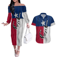 Texas Flag Fishing Couples Matching Off The Shoulder Long Sleeve Dress and Hawaiian Shirt Hook and Fish Illustration and Custom Name Detail - Wonder Print Shop