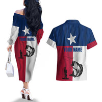 Texas Flag Fishing Couples Matching Off The Shoulder Long Sleeve Dress and Hawaiian Shirt Hook and Fish Illustration and Custom Name Detail - Wonder Print Shop