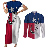 Texas Flag Fishing Couples Matching Short Sleeve Bodycon Dress and Long Sleeve Button Shirt Hook and Fish Illustration and Custom Name Detail - Wonder Print Shop