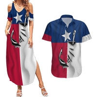 Texas Flag Fishing Couples Matching Summer Maxi Dress and Hawaiian Shirt Hook and Fish Illustration and Custom Name Detail - Wonder Print Shop