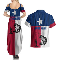 Texas Flag Fishing Couples Matching Summer Maxi Dress and Hawaiian Shirt Hook and Fish Illustration and Custom Name Detail - Wonder Print Shop