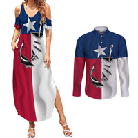 Texas Flag Fishing Couples Matching Summer Maxi Dress and Long Sleeve Button Shirt Hook and Fish Illustration and Custom Name Detail - Wonder Print Shop