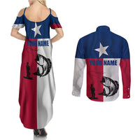 Texas Flag Fishing Couples Matching Summer Maxi Dress and Long Sleeve Button Shirt Hook and Fish Illustration and Custom Name Detail - Wonder Print Shop