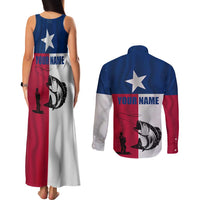 Texas Flag Fishing Couples Matching Tank Maxi Dress and Long Sleeve Button Shirt Hook and Fish Illustration and Custom Name Detail - Wonder Print Shop
