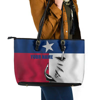 Texas Flag Fishing Leather Tote Bag Hook and Fish Illustration and Custom Name Detail - Wonder Print Shop
