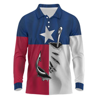 Texas Flag Fishing Long Sleeve Polo Shirt Hook and Fish Illustration and Custom Name Detail - Wonder Print Shop