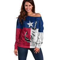 Texas Flag Fishing Off Shoulder Sweater Hook and Fish Illustration and Custom Name Detail - Wonder Print Shop