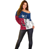 Texas Flag Fishing Off Shoulder Sweater Hook and Fish Illustration and Custom Name Detail - Wonder Print Shop