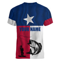 Texas Flag Fishing Women V-Neck T-Shirt Hook and Fish Illustration and Custom Name Detail - Wonder Print Shop