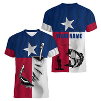 Texas Flag Fishing Women V-Neck T-Shirt Hook and Fish Illustration and Custom Name Detail - Wonder Print Shop