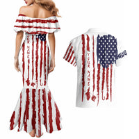American Flag Fishing Couples Matching Mermaid Dress and Hawaiian Shirt Lure and Hook Elements and Custom Name Print - Wonder Print Shop