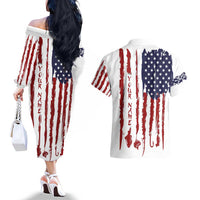 American Flag Fishing Couples Matching Off The Shoulder Long Sleeve Dress and Hawaiian Shirt Lure and Hook Elements and Custom Name Print - Wonder Print Shop
