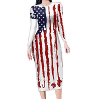 American Flag Fishing Family Matching Long Sleeve Bodycon Dress and Hawaiian Shirt Lure and Hook Elements and Custom Name Print - Wonder Print Shop