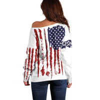 American Flag Fishing Off Shoulder Sweater Lure and Hook Elements and Custom Name Print - Wonder Print Shop