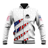 Personalized American Flag Bowling Team Baseball Jacket Pins and Ball Torn Stripes and Patterned White - Wonder Print Shop