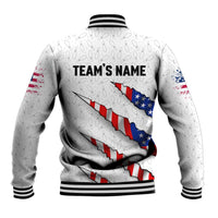 Personalized American Flag Bowling Team Baseball Jacket Pins and Ball Torn Stripes and Patterned White - Wonder Print Shop
