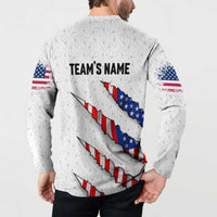 Personalized American Flag Bowling Team Button Sweatshirt Pins and Ball Torn Stripes and Patterned White - Wonder Print Shop