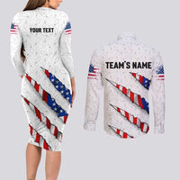 Personalized American Flag Bowling Team Couples Matching Long Sleeve Bodycon Dress and Long Sleeve Button Shirt Pins and Ball Torn Stripes and Patterned White - Wonder Print Shop