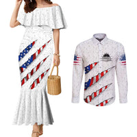 Personalized American Flag Bowling Team Couples Matching Mermaid Dress and Long Sleeve Button Shirt Pins and Ball Torn Stripes and Patterned White - Wonder Print Shop