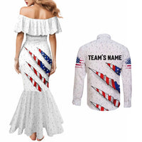 Personalized American Flag Bowling Team Couples Matching Mermaid Dress and Long Sleeve Button Shirt Pins and Ball Torn Stripes and Patterned White - Wonder Print Shop