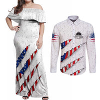 Personalized American Flag Bowling Team Couples Matching Off Shoulder Maxi Dress and Long Sleeve Button Shirt Pins and Ball Torn Stripes and Patterned White - Wonder Print Shop